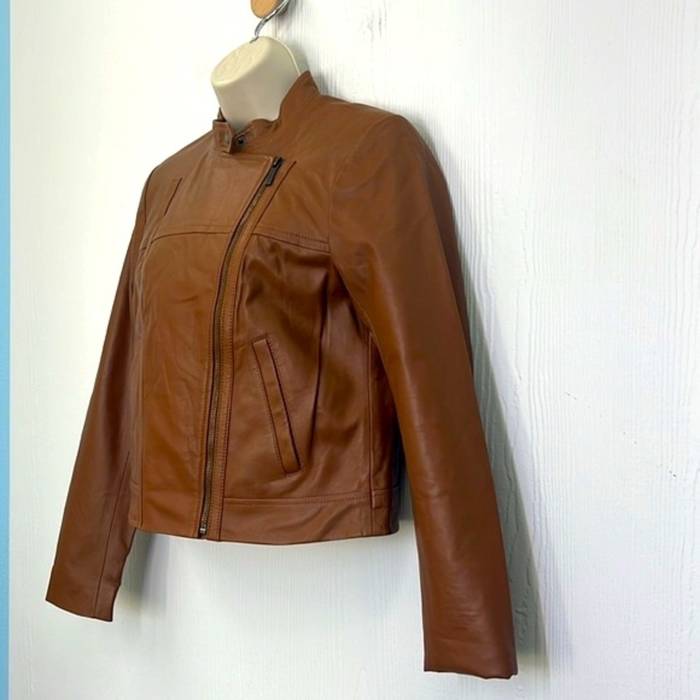Michael Kors - Brown Leather Asymmetrical Zip Lined Long Sleeve Moto Jacket Med - Picture 6 of 12